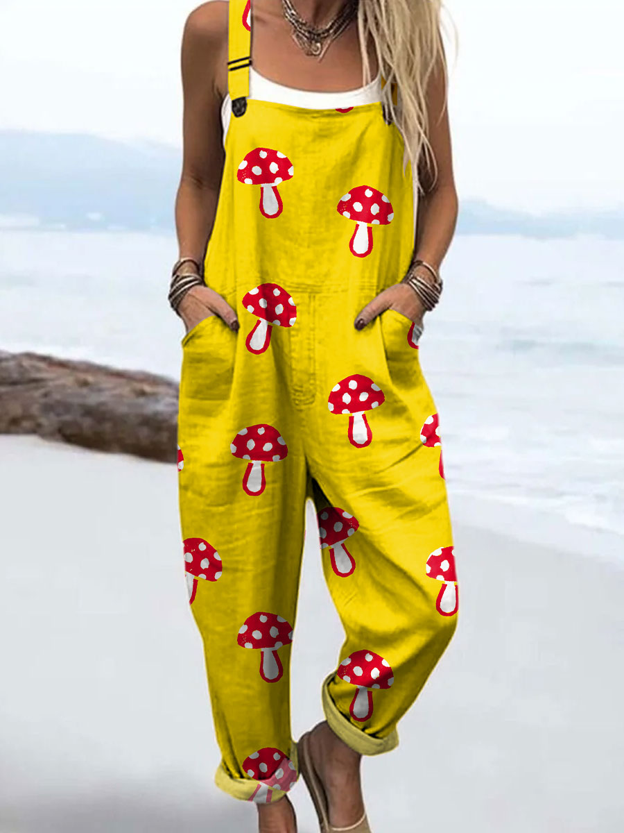 Women's Vintage Mushroom Art Print Casual 100% Cotton Wide Leg Jumpsuit