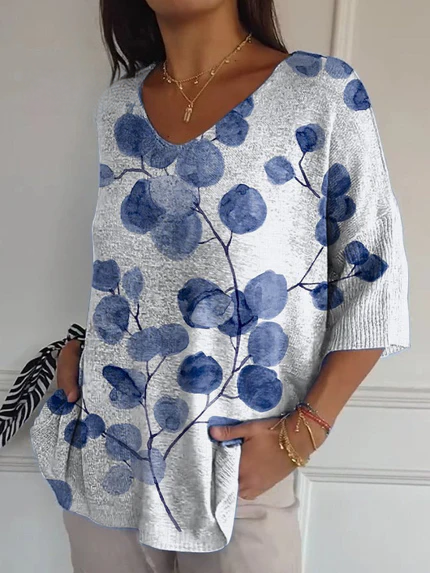 Pull en maille décontractée à motif floral botanique rétro pour femme 
