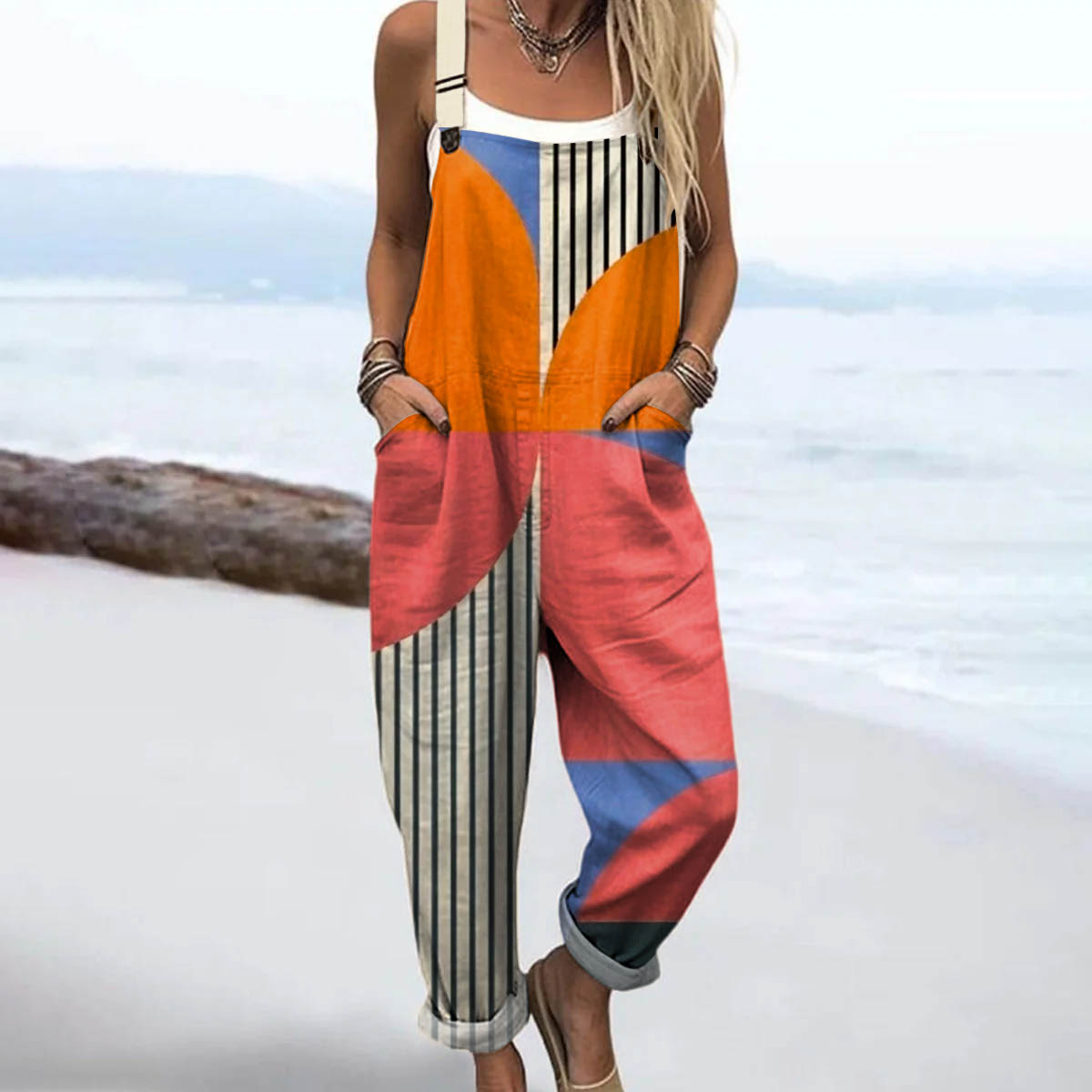 Women's Abstract Geometric Line Pattern Art Print Casual 100% Cotton Wide Leg Jumpsuit