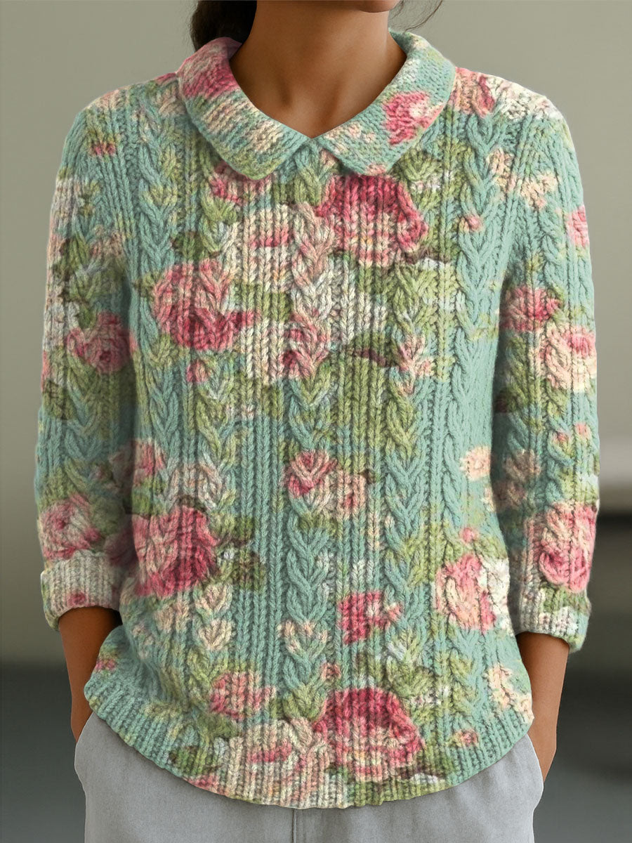 womens-vintage-floral-art-print-casual-peter-pan-collar-3-4-sleeve-sweater-vdeh