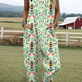 Women's  Bee Vintage Symmetrical Flowers Art  Print Casual 100% Cotton Wide Leg Jumpsuit