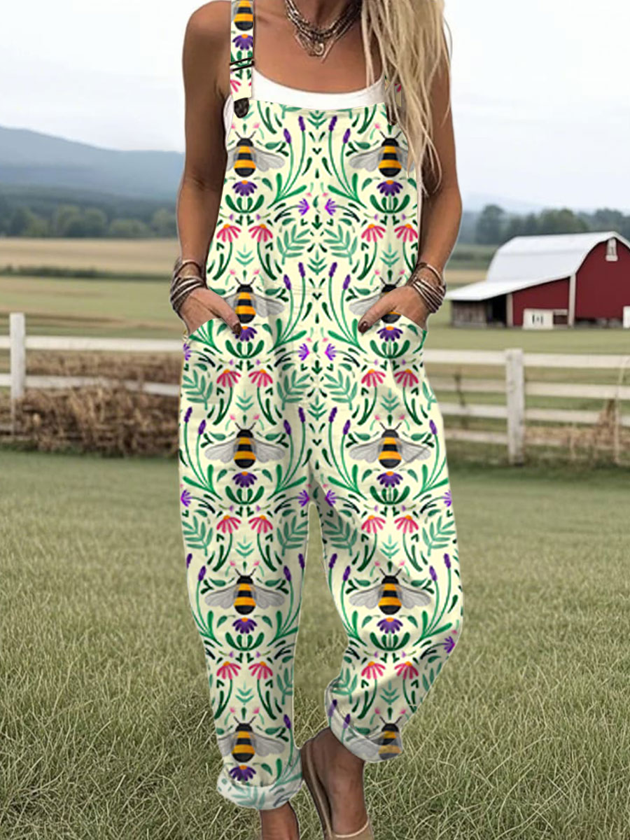Women's  Bee Vintage Symmetrical Flowers Art  Print Casual 100% Cotton Wide Leg Jumpsuit