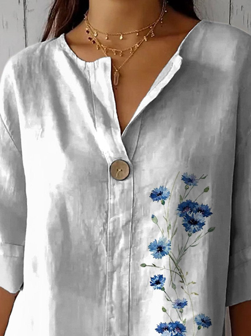 Simple Blue Spring Floral Printed Women's Casual Cotton Linen Shirt