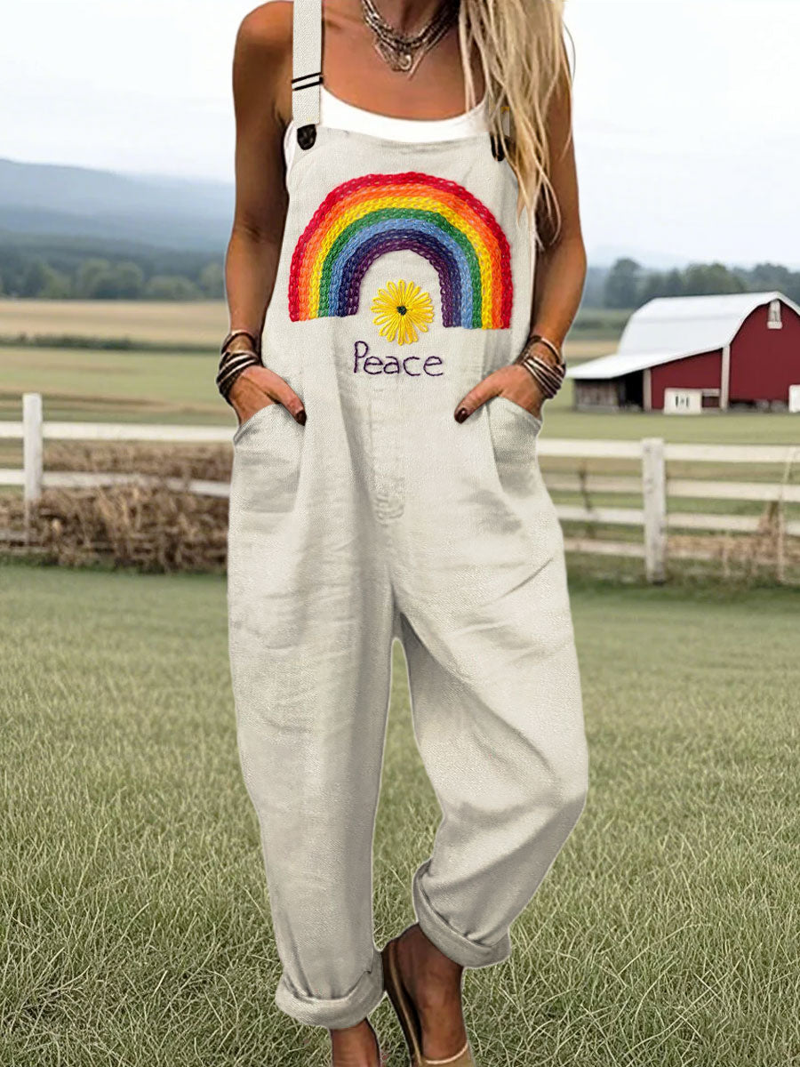 Women's Vintage Rainbow Peace Flower Art Print Casual 100% Cotton Wide Leg Jumpsuit