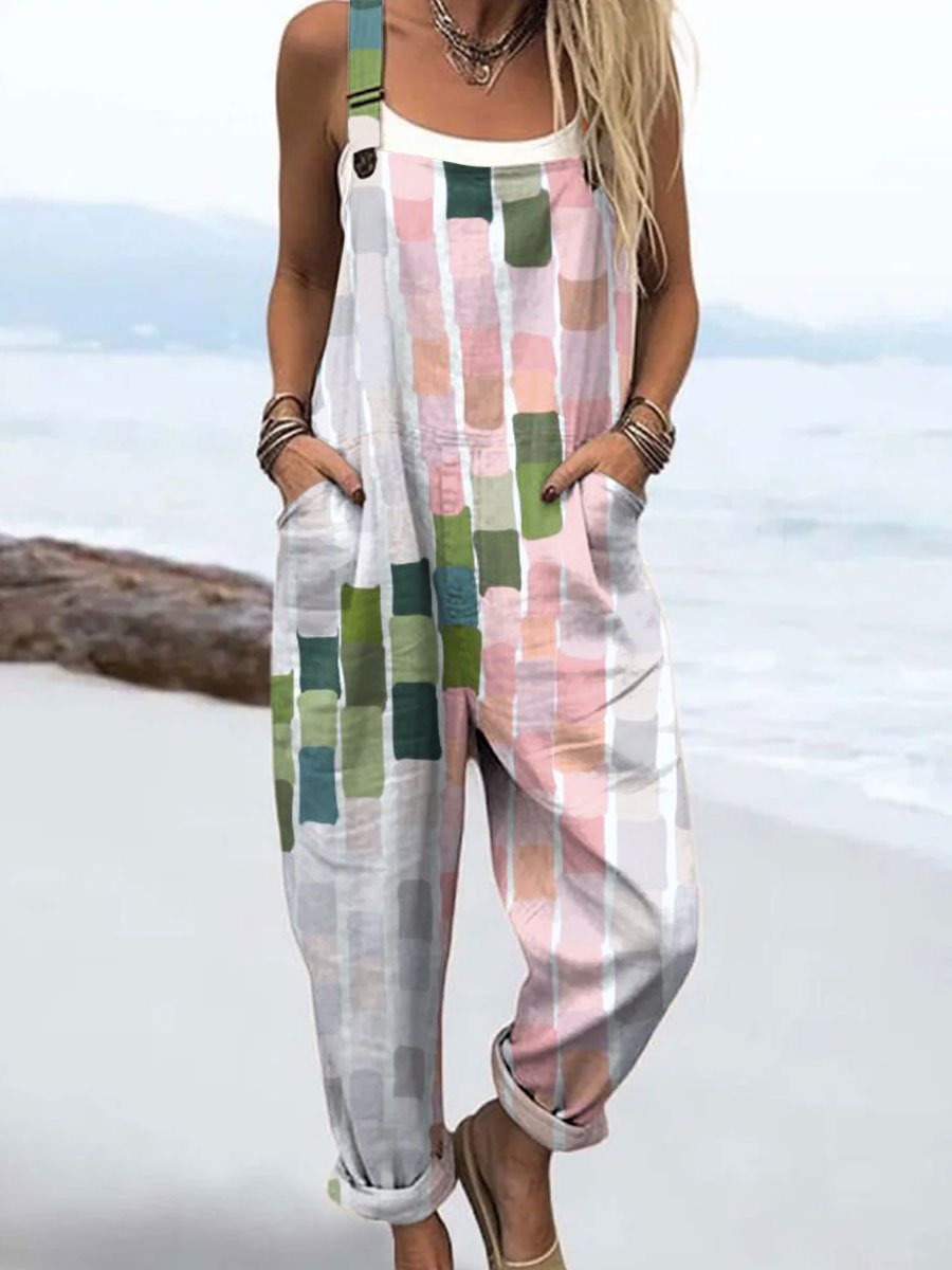 Women's Color Block Art Print Casual 100% Cotton Wide Leg Jumpsuit