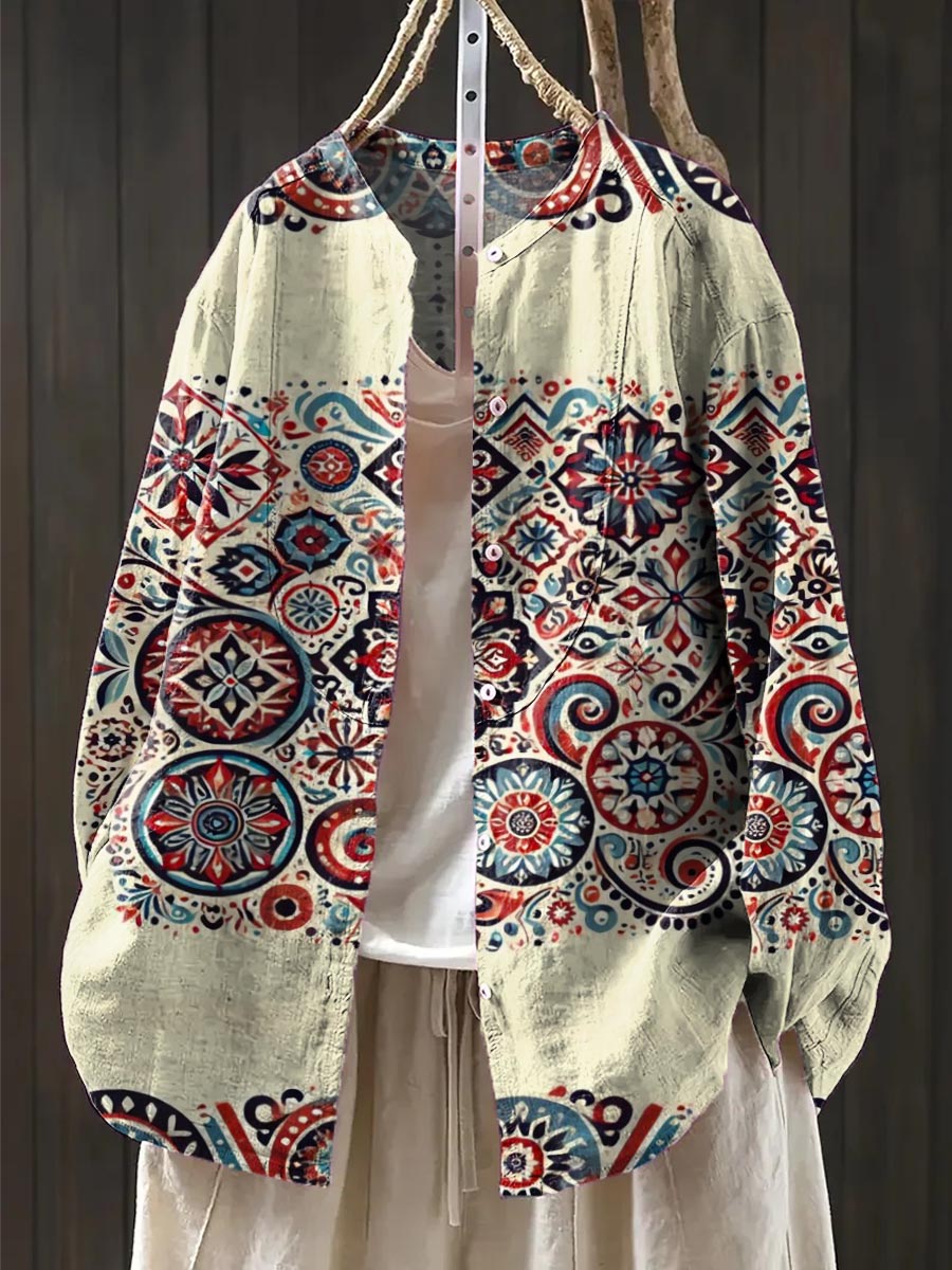 Women's Vintage Ethnic Pattern Art Print Casual Cotton And Linen Shirt