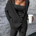 Women's Solid Color Casual Elegant Knitted Three-piece Jacket Vest Pants Set