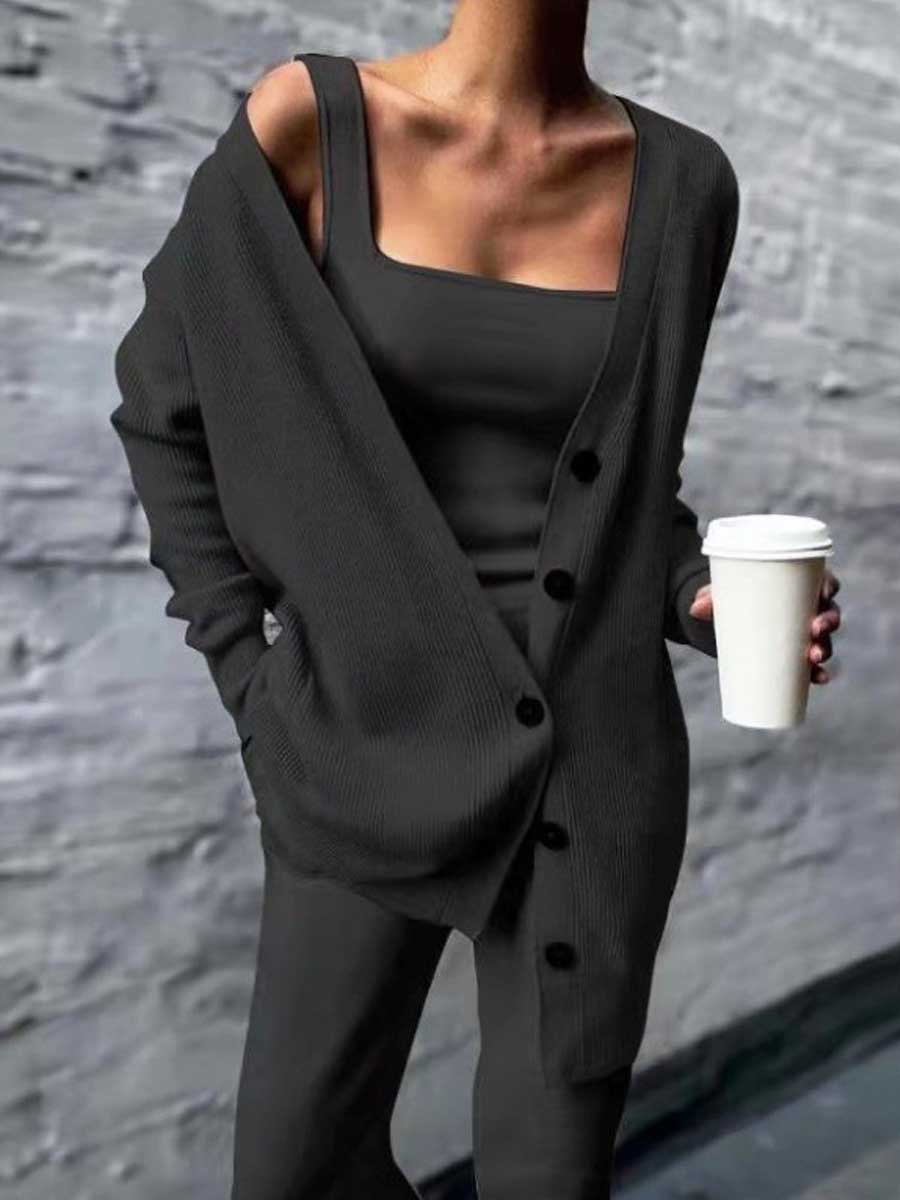 Women's Solid Color Casual Elegant Knitted Three-piece Jacket Vest Pants Set