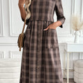 Dark Coffee Tummy Coverage Plaid 3/4 Sleeve Dress