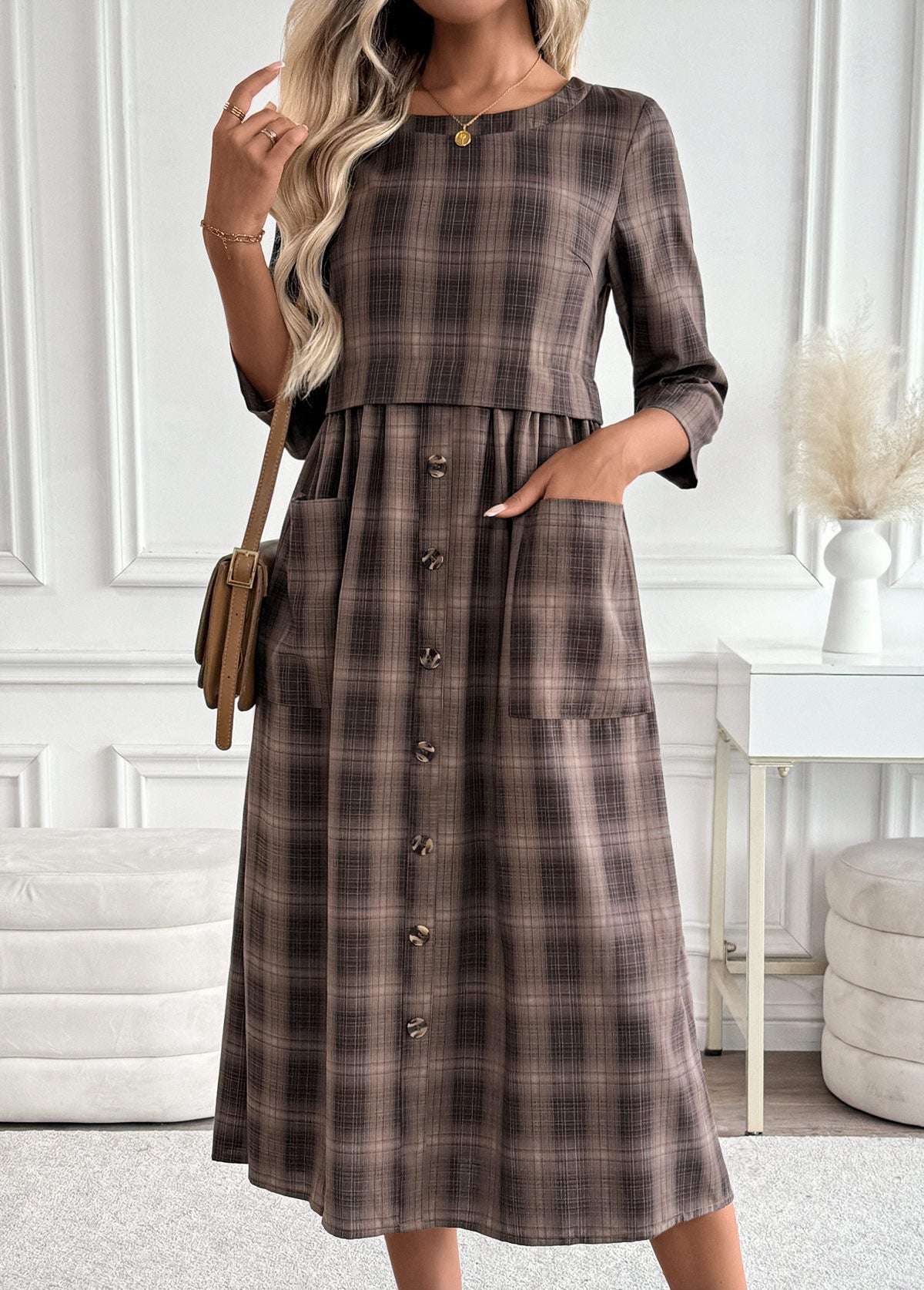 Dark Coffee Tummy Coverage Plaid 3/4 Sleeve Dress