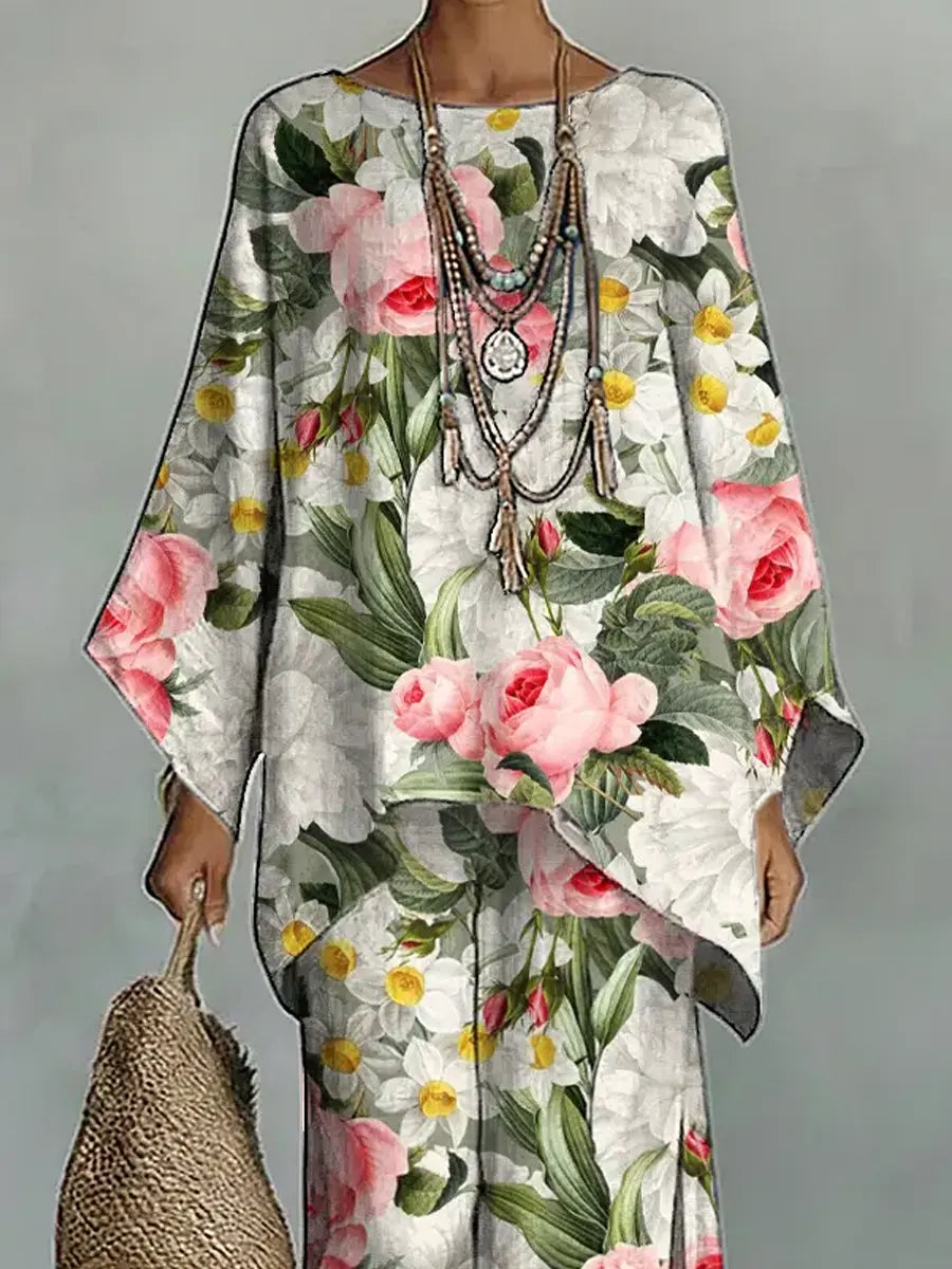 Women's Vintage Floral Art Comfortable Loose Cotton Linen Wide-leg Pants Two-piece Set