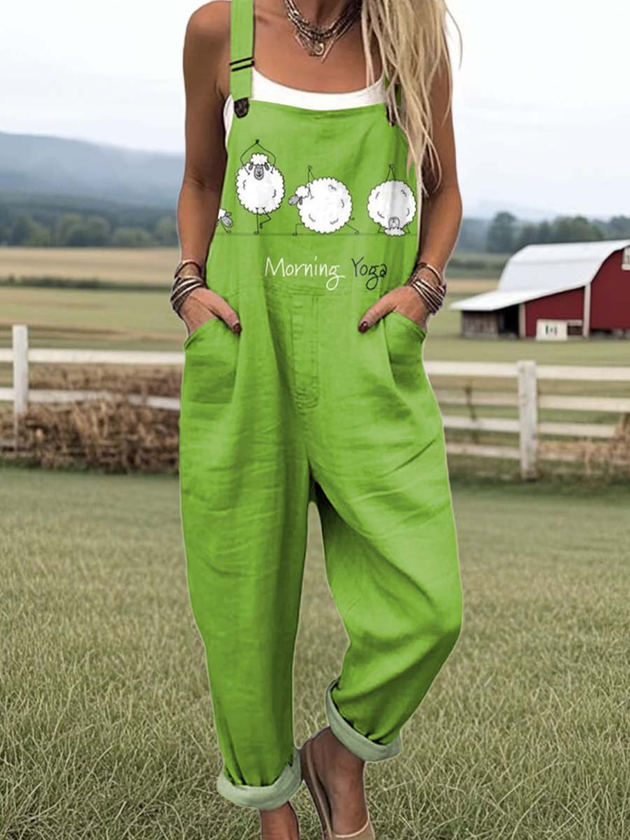 Women's Funny Sheep Art Print Casual 100% Cotton Wide Leg Jumpsuit