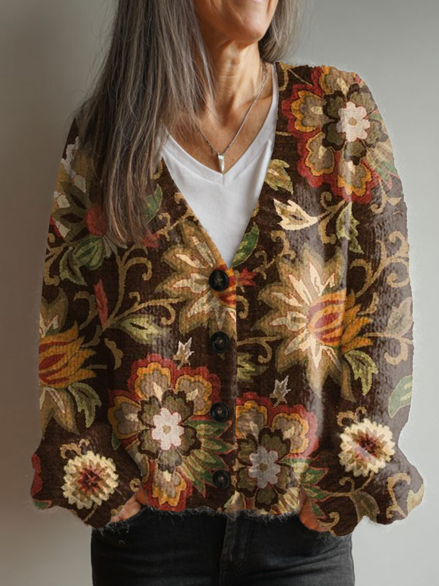 vintage-flower-art-print-buttoned-v-neck-cardigan-sweater