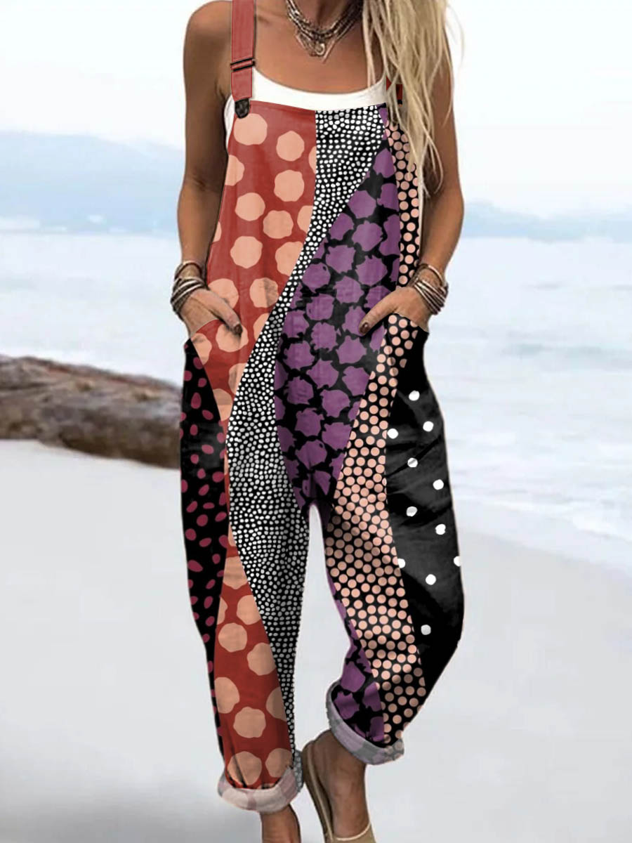 Women's Abstract Geometric Pattern Art Print Casual 100% Cotton Wide Leg Jumpsuit