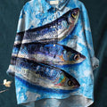 Women's Blue Textured Fish Print Casual Cotton And Linen Shirt
