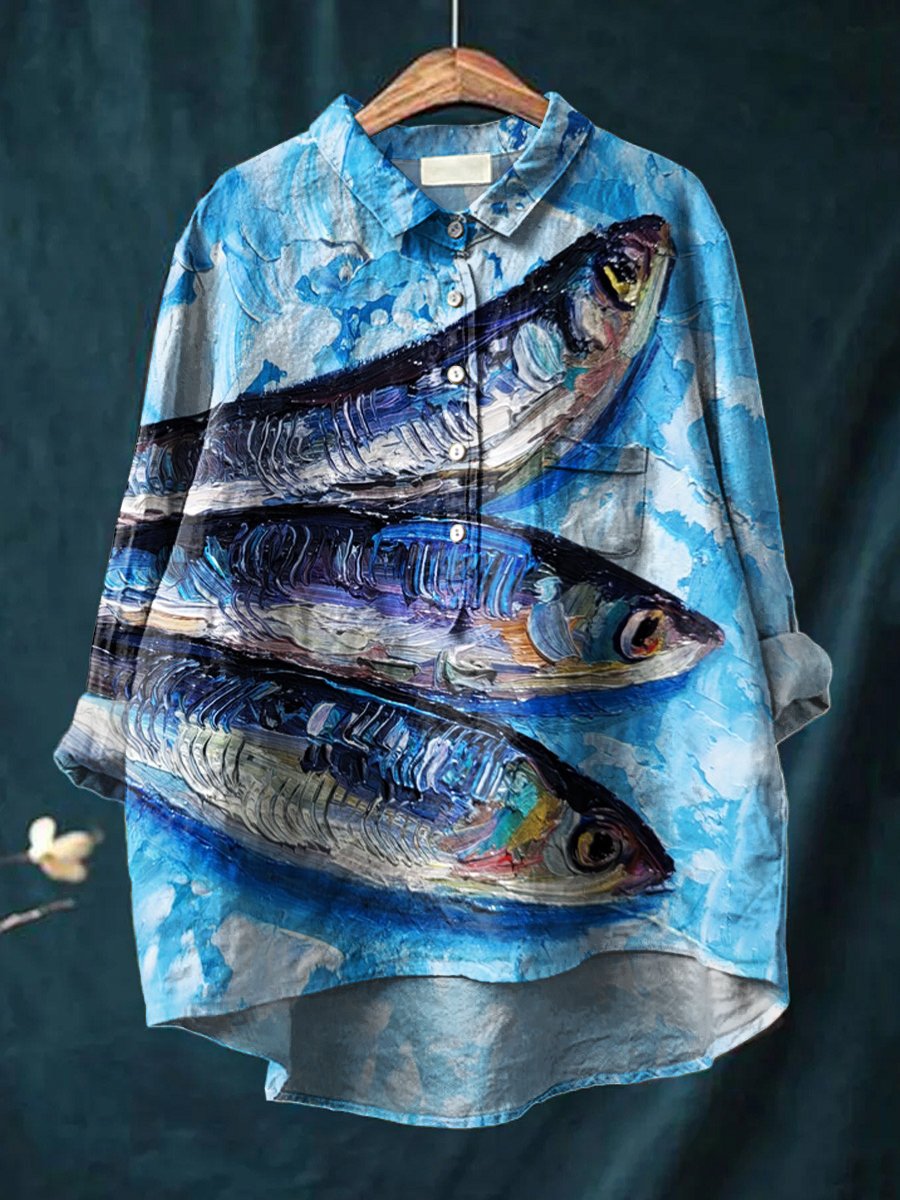 Women's Blue Textured Fish Print Casual Cotton And Linen Shirt
