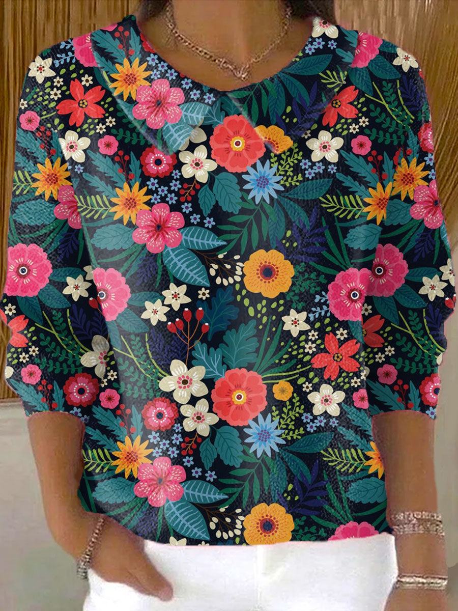 womens-vintage-flower-art-print-casual-peter-pan-collar-3-4-sleeve-sweater-bfx8
