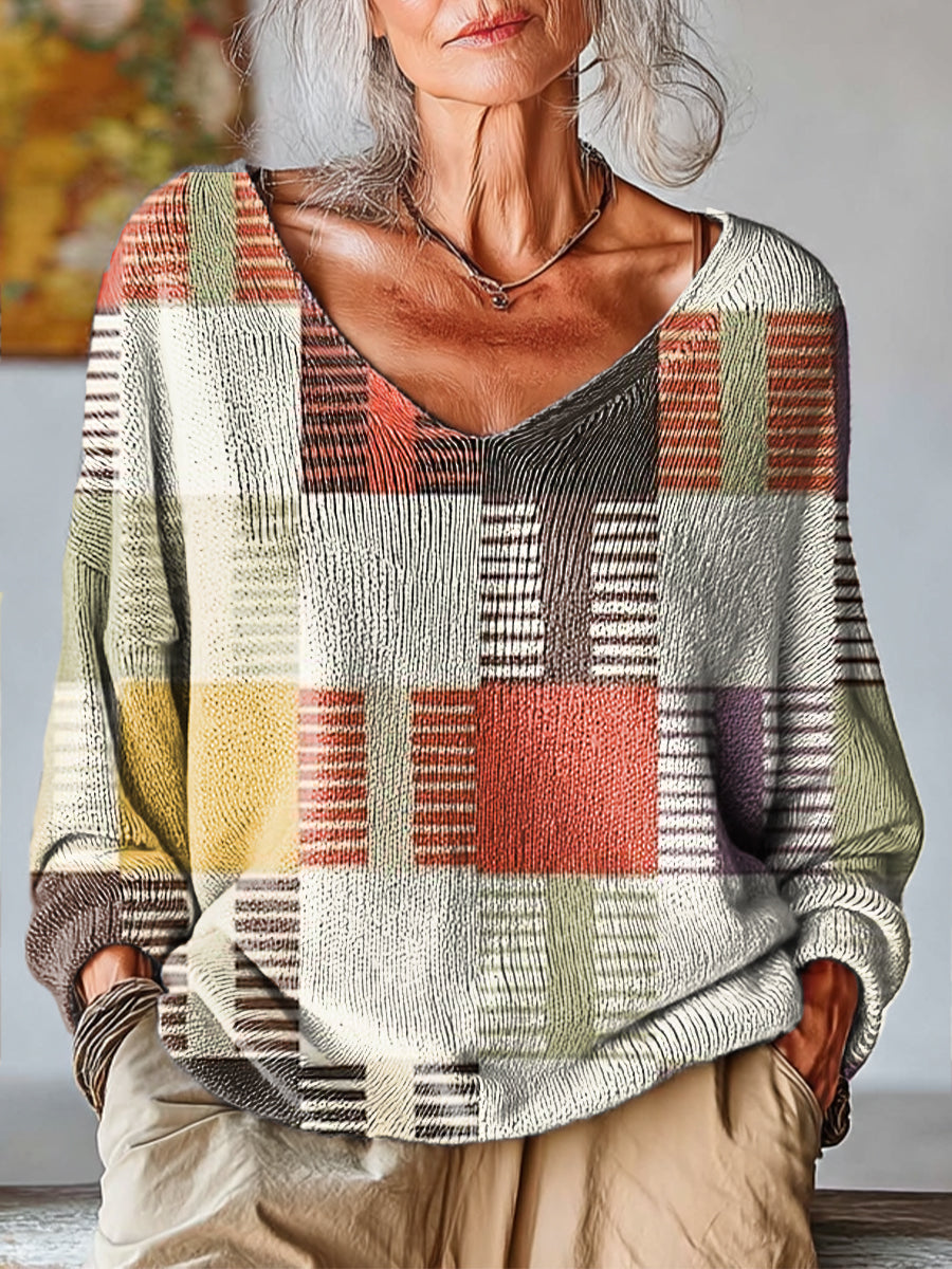 womens-multicolor-geometric-check-art-print-casual-pullover-sweater
