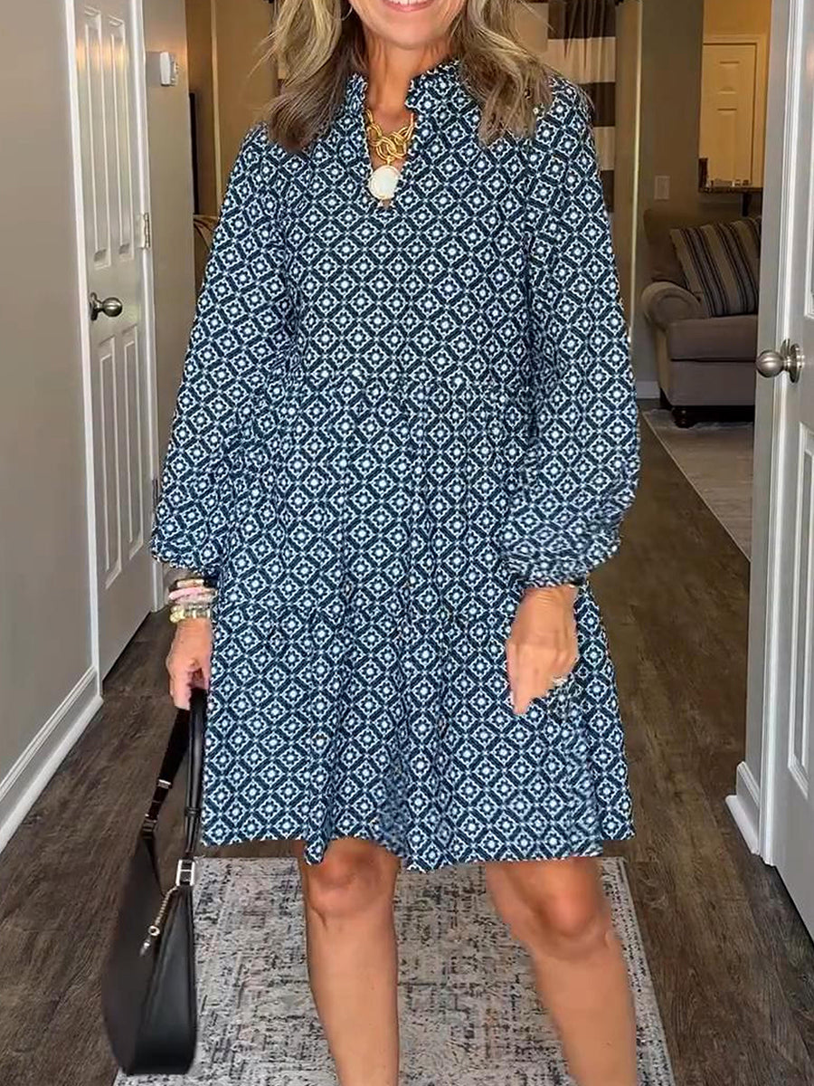 Women's Comfortable Prismatic Pattern Printed V-neck Cotton Dress