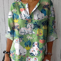 Women's Vintage Lovely Dogs Art Print Casual Cotton Linen Shirt