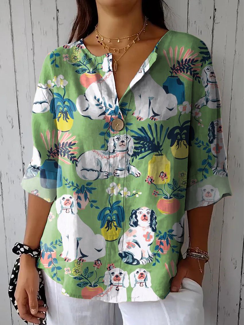 Women's Vintage Lovely Dogs Art Print Casual Cotton Linen Shirt