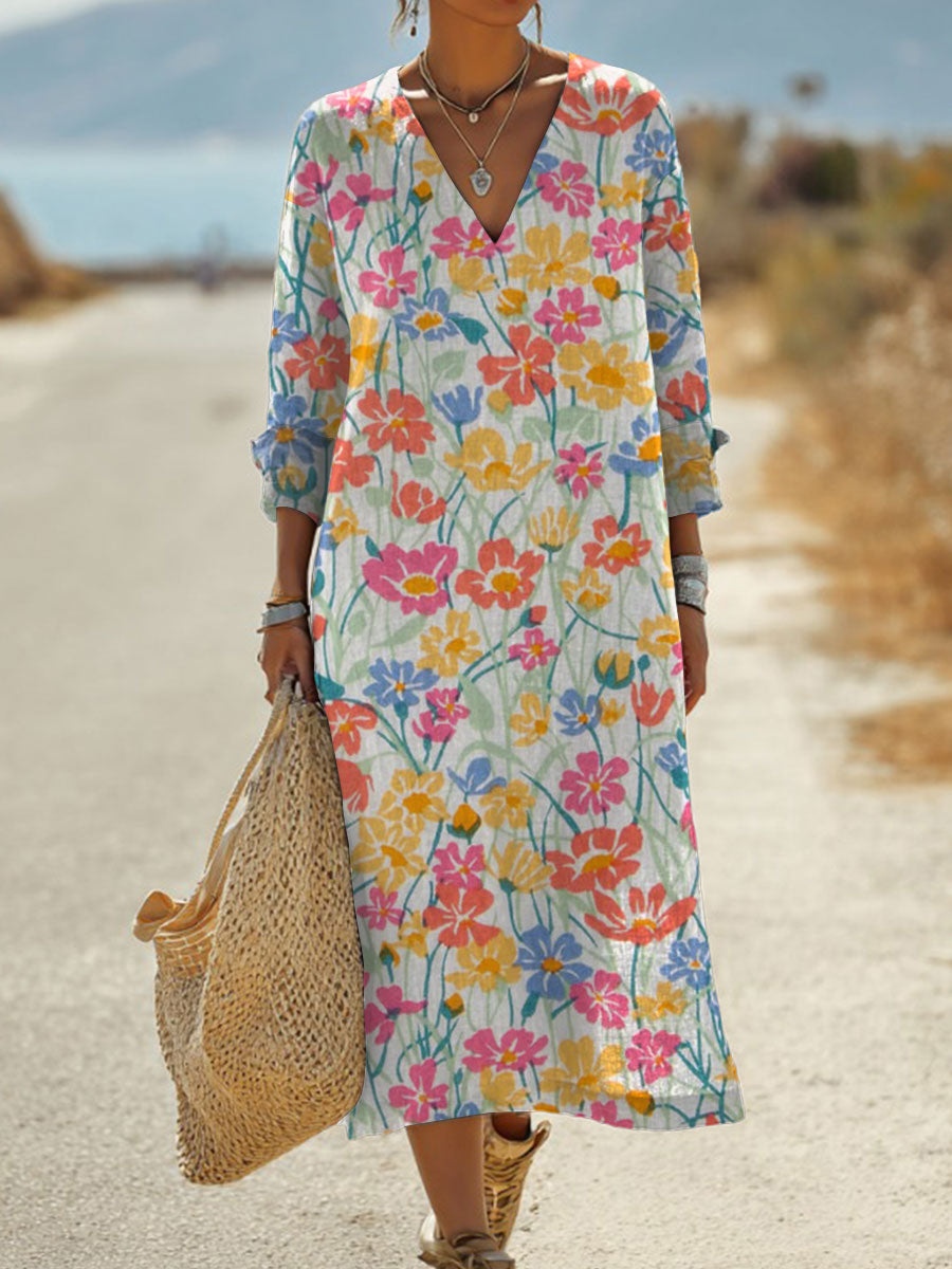 Women's  Vintage Flower  Art Print Pocket Cotton Dress