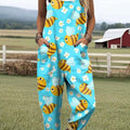 Women's Lovely Floral Bees Art Print Casual 100% Cotton Wide Leg Jumpsuit