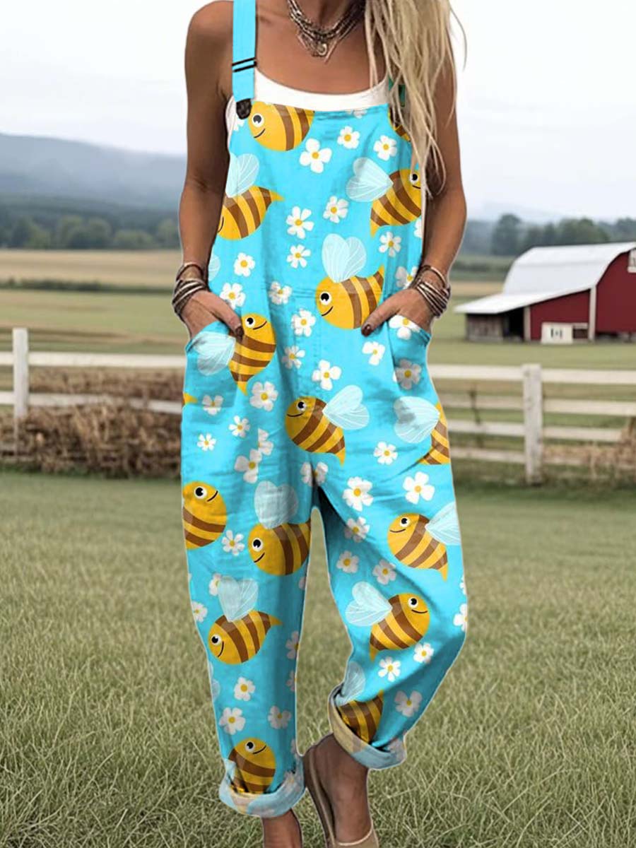 Women's Lovely Floral Bees Art Print Casual 100% Cotton Wide Leg Jumpsuit