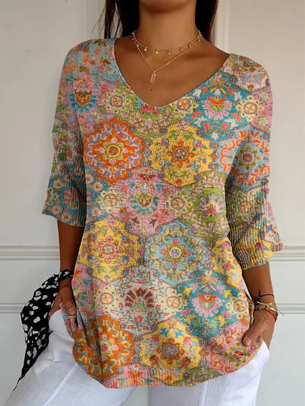 Pull décontracté en maille à imprimé floral ethnique vintage pour femme 