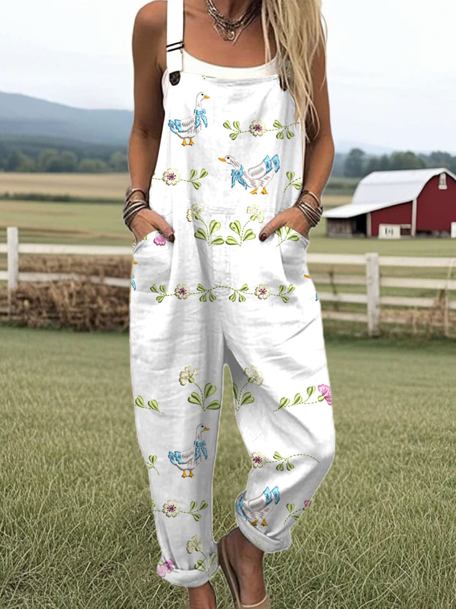 Women's  Vintage Farm  Goose Floral Art Print Casual 100% Cotton Wide Leg Jumpsuit