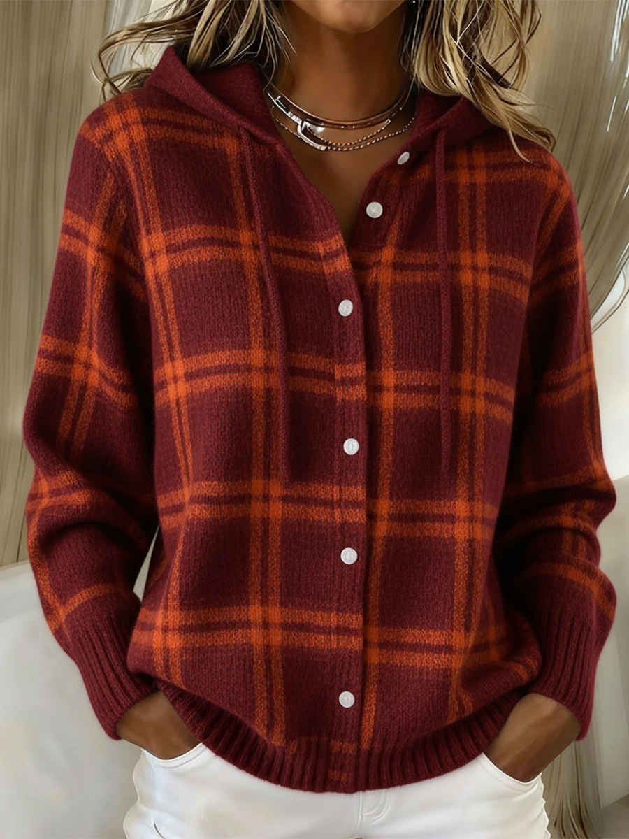 Vintage Soft Check Contrast Hooded Button Knit Cardigan