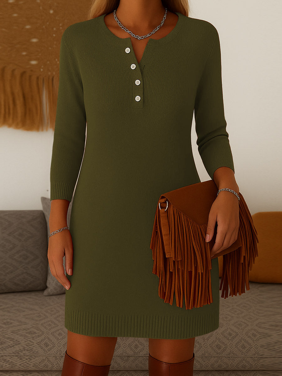 Women's Solid Color Round Neck Long Sleeve Casual Loose Sweater Dress