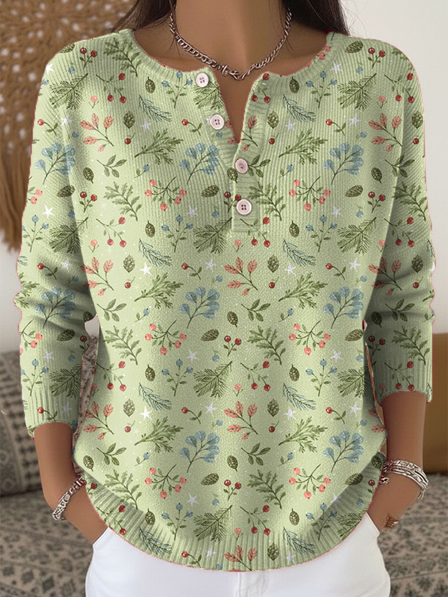 Women's Floral Pattern Art Print Buttoned Cardigan Sweater
