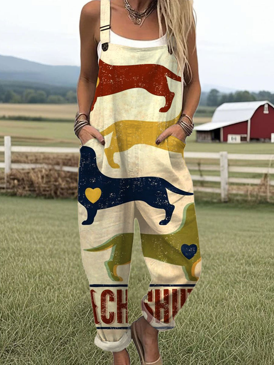Women's  Funny Dachshund  Art Print Casual 100% Cotton Wide Leg Jumpsuit