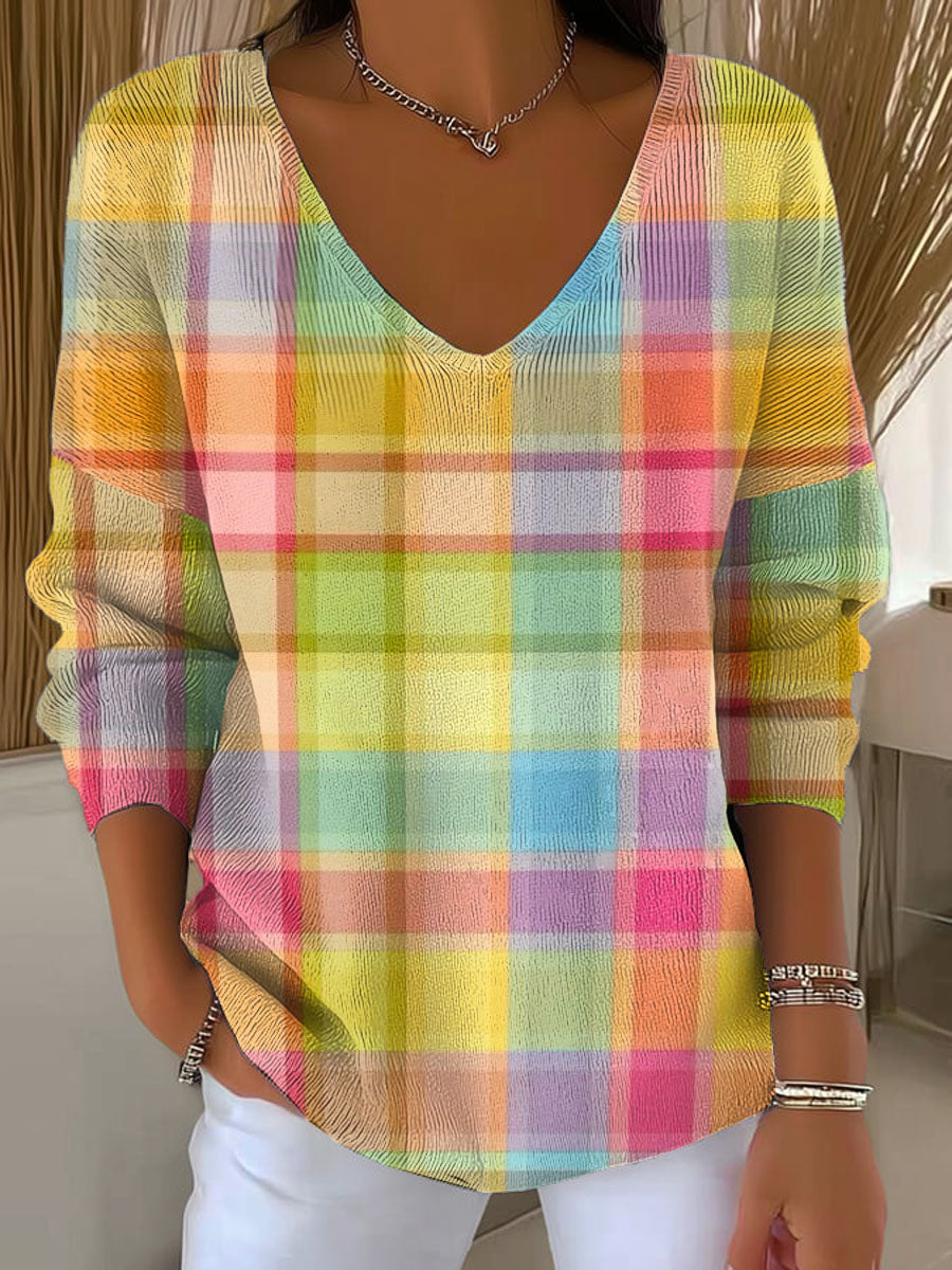 Women's Normal Arrangement Of Colored Grids Pattern Casual Pullover Sweater