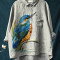 Embroidery Style Kingfisher Graphic Printed Women's Casual Cotton And Linen Shirt
