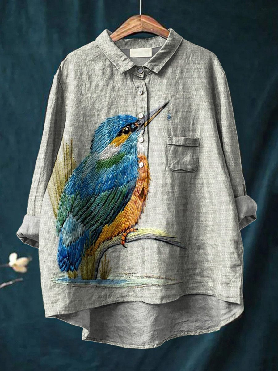 Embroidery Style Kingfisher Graphic Printed Women's Casual Cotton And Linen Shirt