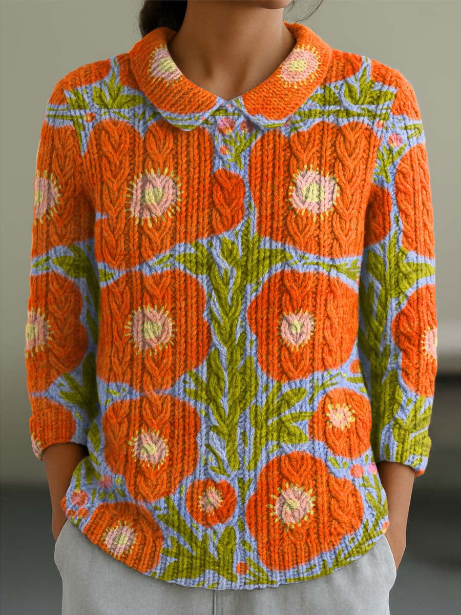 womens-vintage-floral-art-print-casual-peter-pan-collar-3-4-sleeve-sweater-jvq2