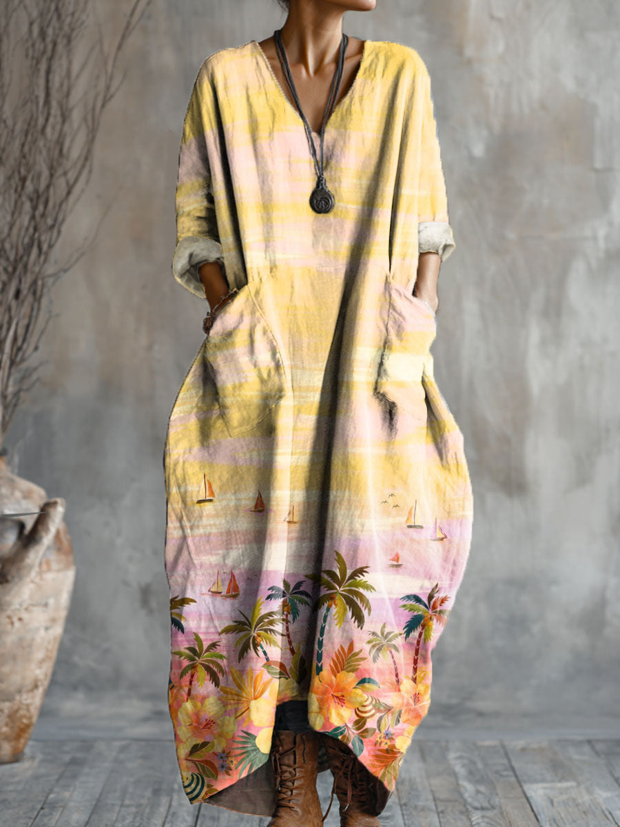 Women's Island Style Art Pattern Print Pocket V-neck Cotton Dress