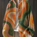 Women's Abstract Colorful Stripes Painting Art Print Casual Cotton And Linen Shirt