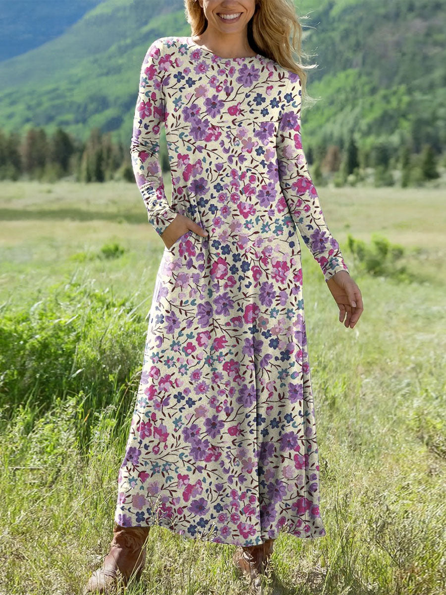 Women's Floral Pattern Art Print Long-sleeved Dress
