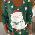 Women's Christmas Tree Cat Pattern Print Casual Pullover Sweater