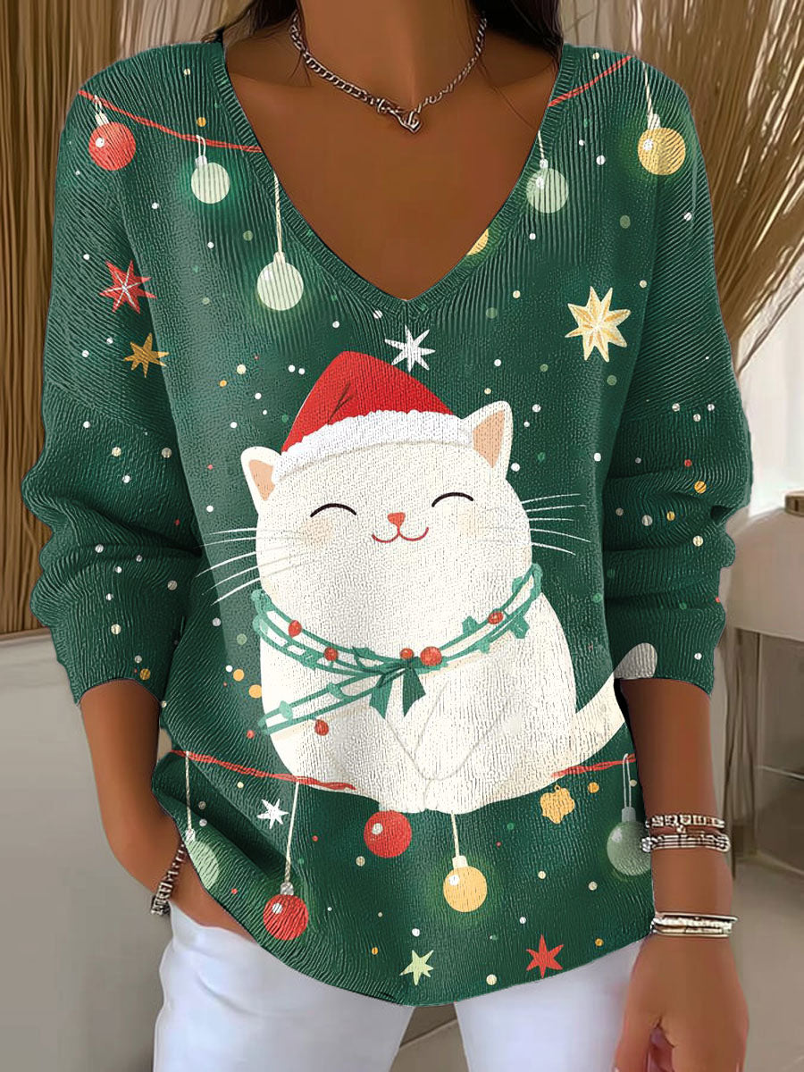 Women's Christmas Tree Cat Pattern Print Casual Pullover Sweater