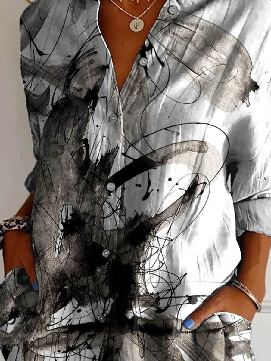 Women's Vintage Abstract Ink Pattern Art Print Casual Cotton Shirt