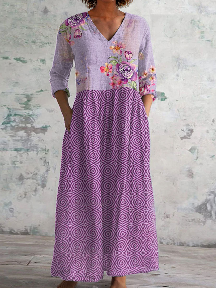 Women's  Pastoral Flowers Art Print Linen Pocket Tunic Dress