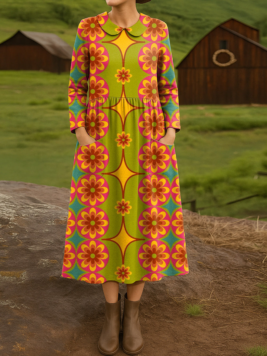 Women's Vintage Floral Four-Pointed Star Painting Art Print Cotton Lapel Shirt Dress