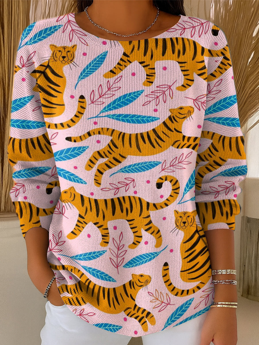 womens-tiger-and-leaves-print-casual-pullover-sweater