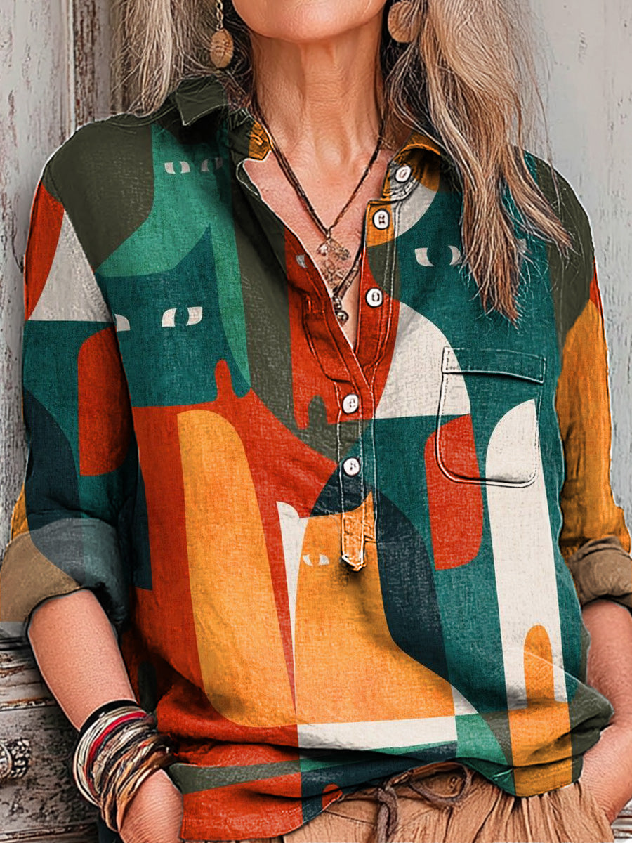 Women's Abstract Cute Geometric Cat Head Painting Art Print Casual Cotton And Linen Shirt