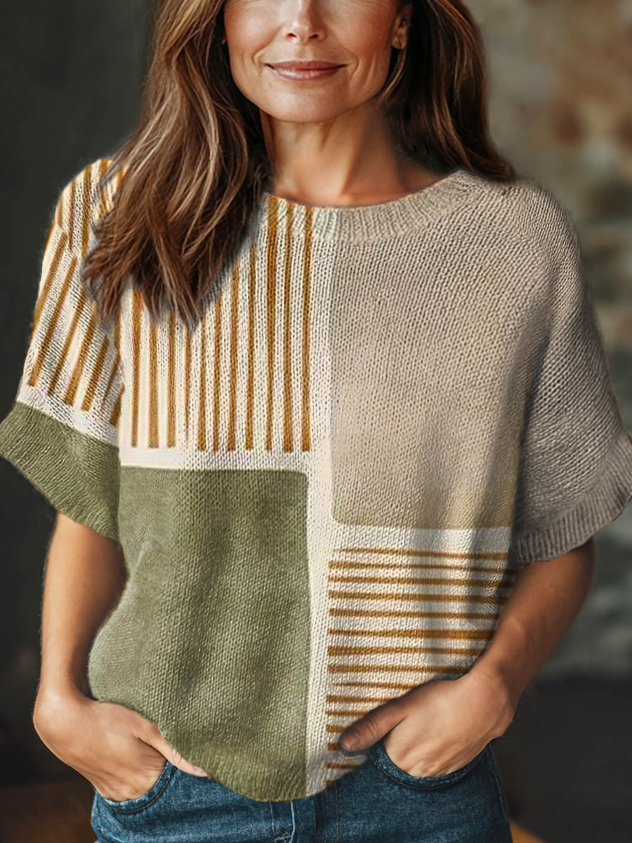 womens-geometric-pattern-art-print-casual-crew-neck-short-sleeve-knitted-sweater-wekf