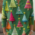 Women's Christmas Tree Art Print Buttoned Cardigan Sweater